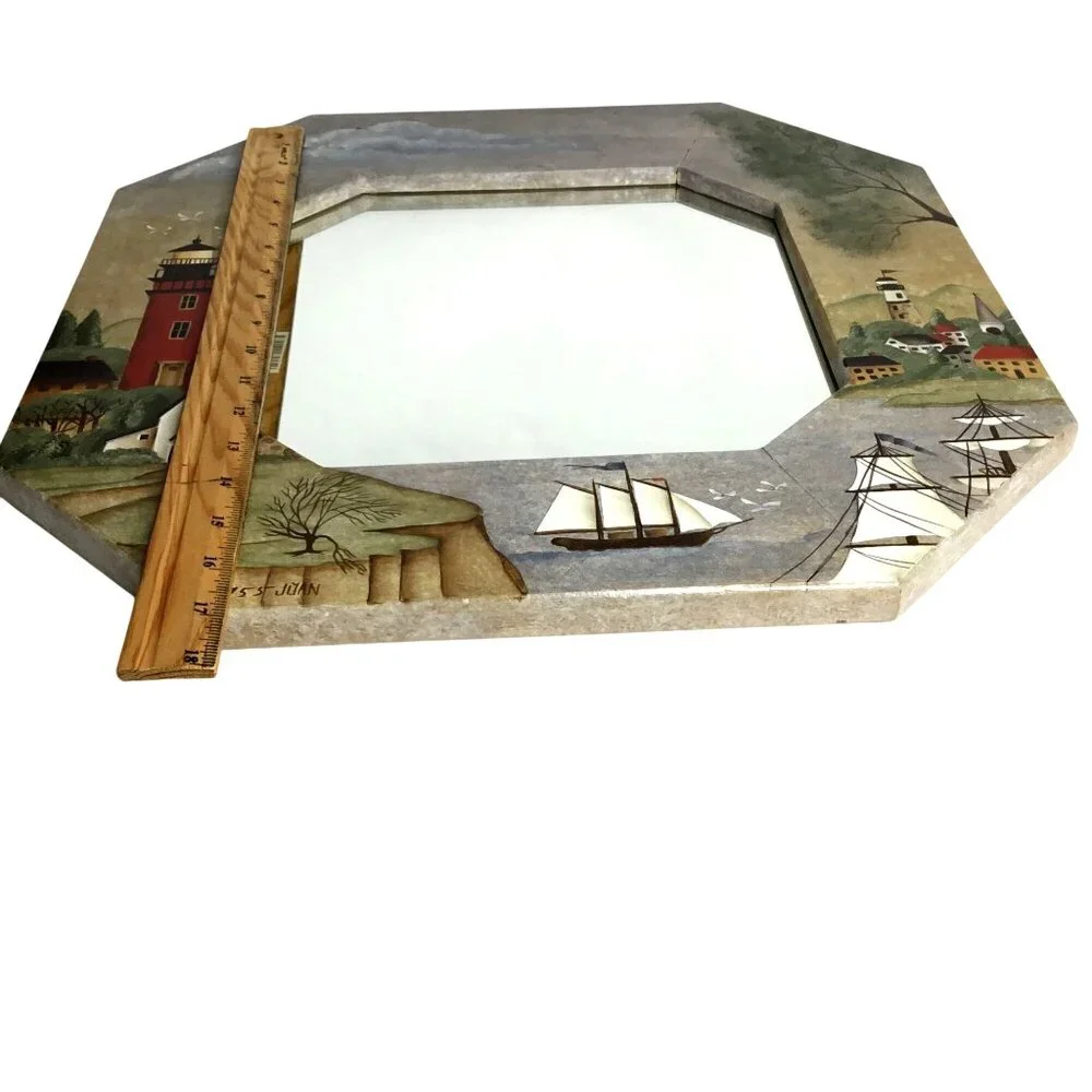Hand-Painted Lighthouse Nautical Mirror 18x18 Folk Art Coastal Ship Wall Decor